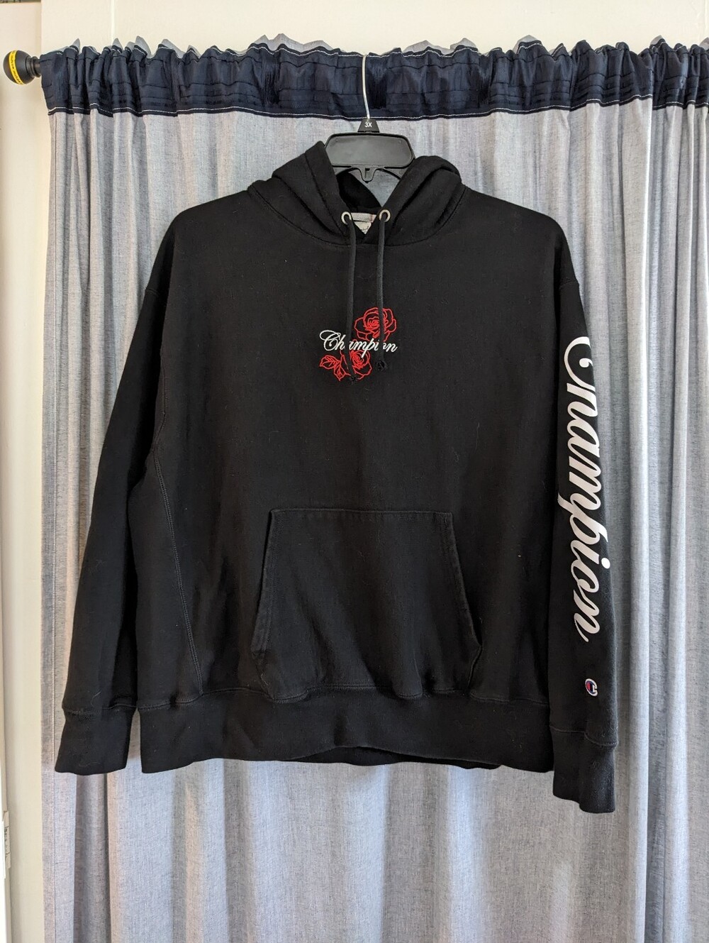 Champion Reverse Weave Hoodie XL Black Embroidered Spell Out Expansion Gusset